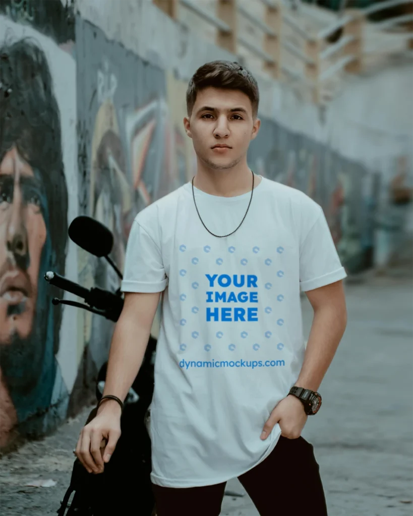 Man Wearing White T-shirt Mockup Front View Template
